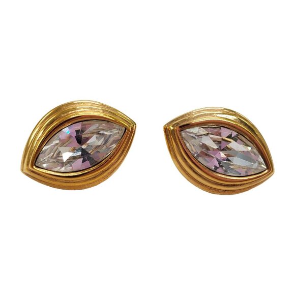 Vtg Signed Monet Earrings Post Faceted Crystal Rhinestone .75" Gold Tone Pierced - Picture 8 of 8